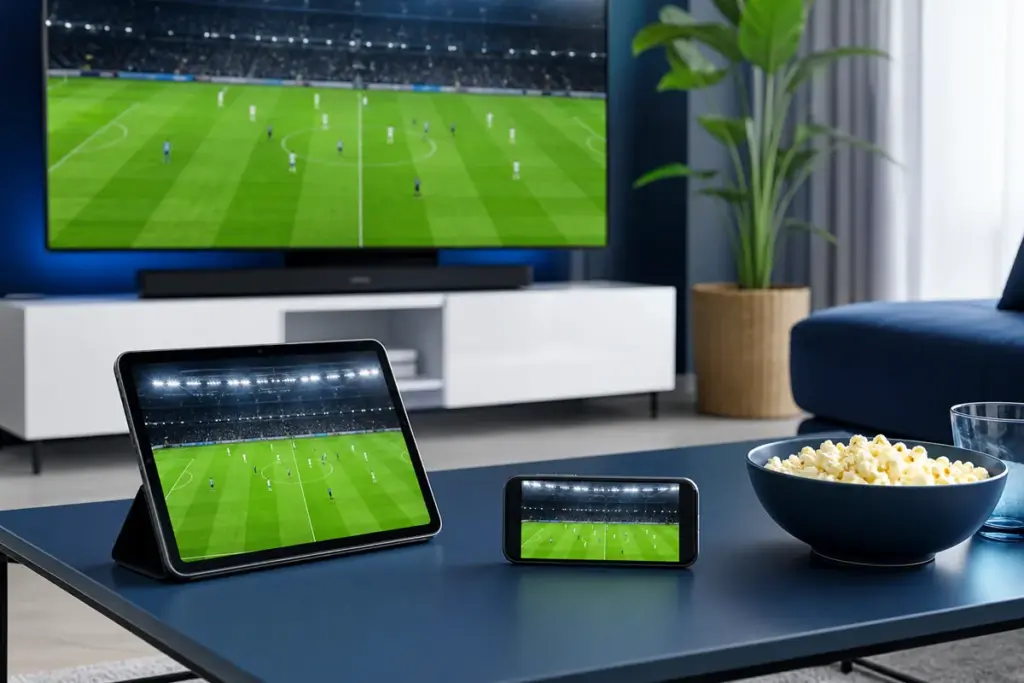 Partida de futebol exibida em televisão, tablet e celular