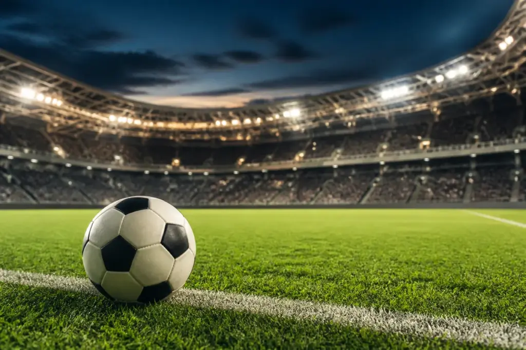 Bola de futebol no gramado de um estádio iluminado