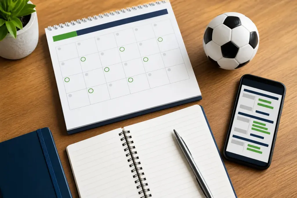Calendário, celular e bola usados para organizar jogos