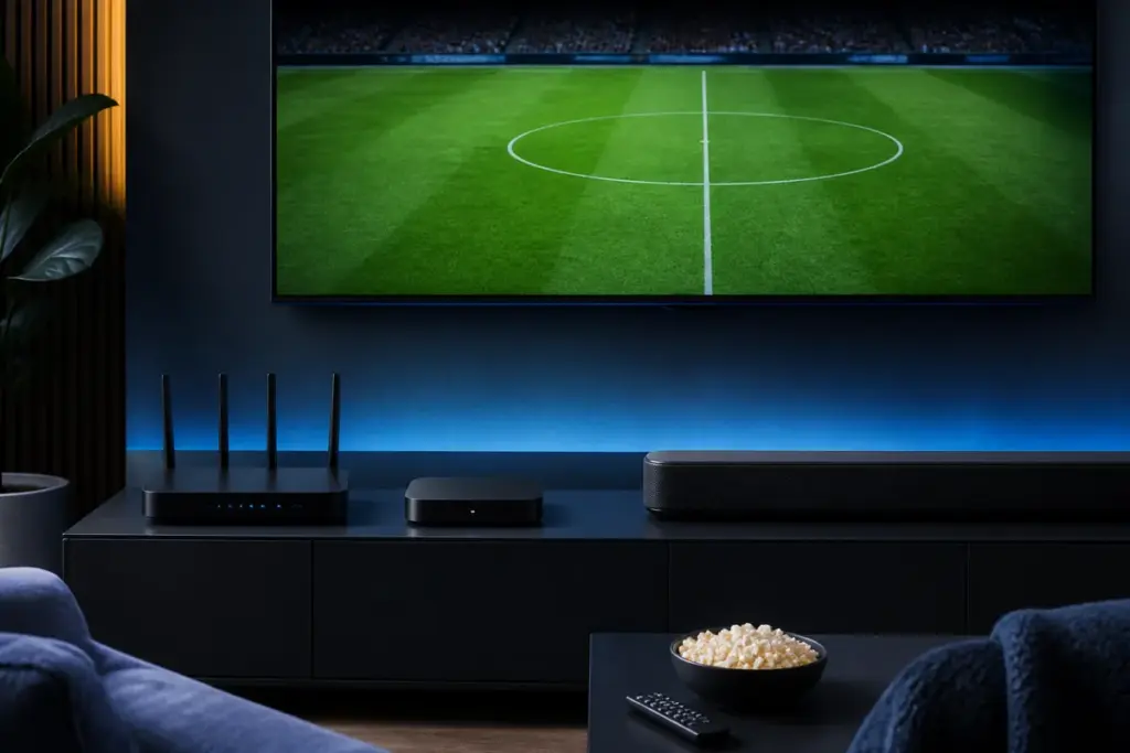 Televisão, roteador, dispositivo de streaming e soundbar